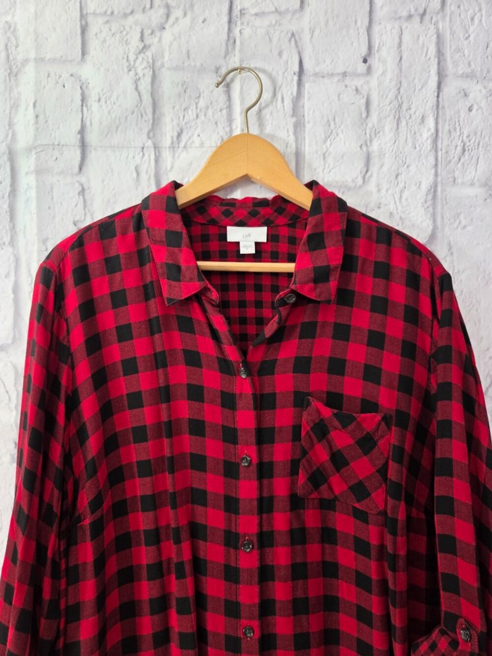 J.Jill Extra Large Red Black Plaid Roll Tab Longsleeve Fall Casual Shirt - Picture 2 of 11
